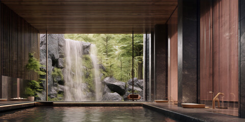 Tranquil indoor pool with floor-to-ceiling windows looking out onto a lush forest and waterfall, with stone and wood elements and a minimalist aesthetic