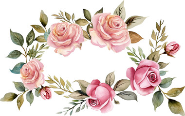 Pink roses floral frames, watercolor flowers pink roses, Illustration hand painted isolated.