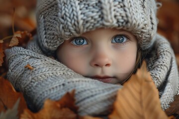 A young child wearing a knitted hat and scarf, Autumn vibes, orange and yellow leaves