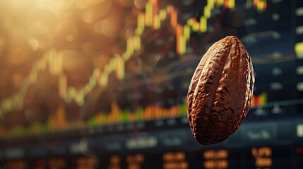 Close-up cocoa bean with financial graphs in the background, rising prices, wallstreet, Rising food prices, 16:9