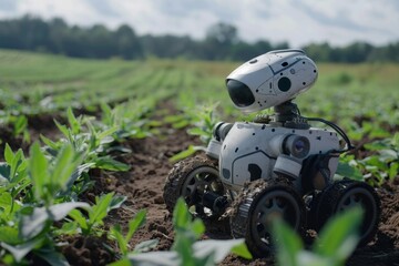 Robot farmer monitors and harvests fruits. illustration future concept of replacing people with robots