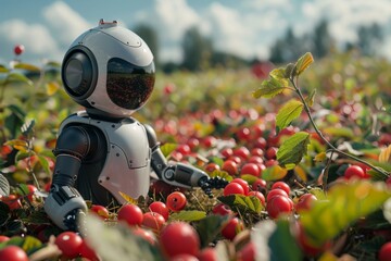 Robot farmer monitors and harvests fruits. illustration future concept of replacing people with robots