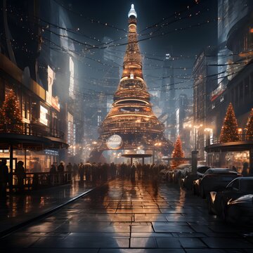 Buddhist temple in the city at night. 3d rendering
