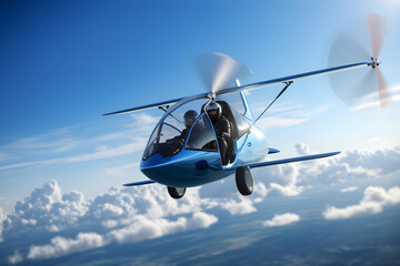 Flight into Freedom: A Pilot Navigating the Blue Expanse in a Contemporary Gyrocopter - obrazy, fototapety, plakaty