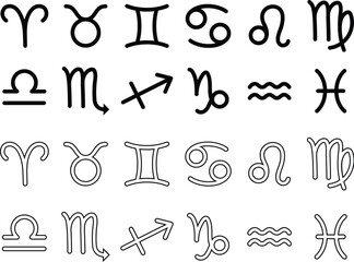 Cartoon Astrology Horoscope or Zodiac Star Sign Symbol Illustration Clipart Set - Outline and Silhouette