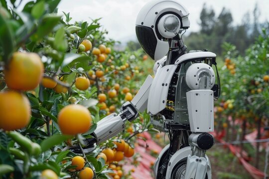 Robot farmer monitors and harvests fruits. illustration future concept of replacing people with robots