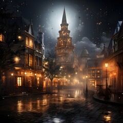 Illustration of the old town of Gdansk at night, Poland