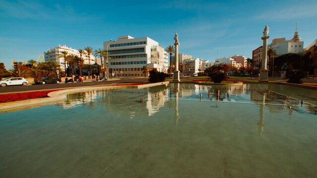 The Plaza de la Constitucion in Cadiz, Andalucia, Spain, a vibrant square at the heart of the city, surrounded by historic buildings