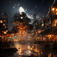 Digital painting of a night street in the old town of Chiang Mai