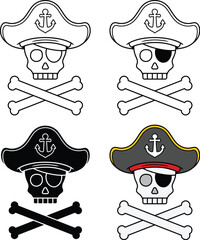 Cartoon Pirate Skull and Crossbones Symbol with Pirate Hat Clipart - Outline, Silhouette & Color