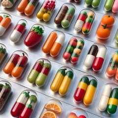 ai generated realistic 3D several mini models of various fruits and vegetables in transparent capsules and arrange them neatly on aluminum foil