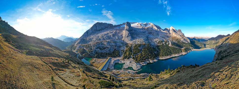 Mount Marmolada in the Dolomites - Aerial view of the the tallest mountain in the Dolomiti, Italy with it's glacier and snow capped peak
