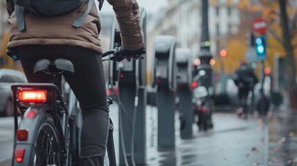 A cyclist pedals through a bustling city passing by rows of charging stations for electric bikes and scooters powered by renewable . .