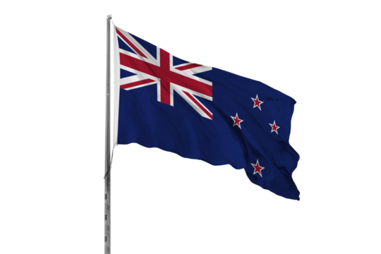 Waving New Zealand country flag, isolated, white background, national, nationality, close up