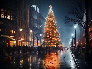 Christmas tree in the city at night. Christmas and New Year concept