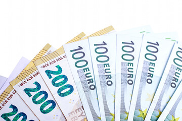 Euro banknotes isolated on white background, top view. Money and finance