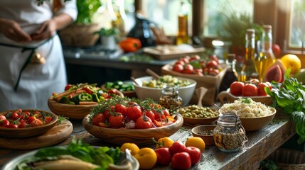 Fototapeta premium A table is covered with a variety of fruits and vegetables, including tomatoes
