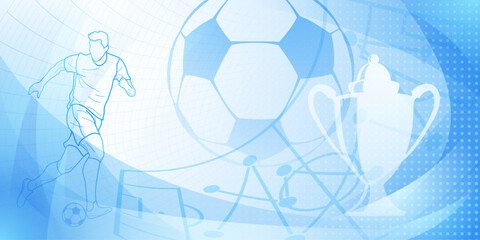 Football themed background in blue tones with abstract dots and curves, with sport symbols such as a football player, stadium, cup and ball