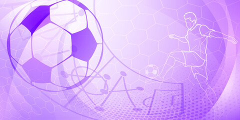 Football themed background in purple tones with abstract dots, meshes and curves, with sport symbols such as a football player, stadium and ball