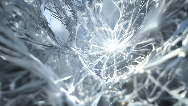 Radiating bluish-white ice crystals form a geometric pattern created by nature. Texture evokes the cold and tranquility of winter. 
