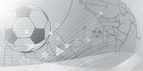 Football themed background in gray tones with abstract dotted lines and curves, with sport symbols such as a football player and ball