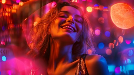 Naklejka na ściany i meble Joyful woman dancing in vibrant club lights, expressing happiness and nightlife energy.