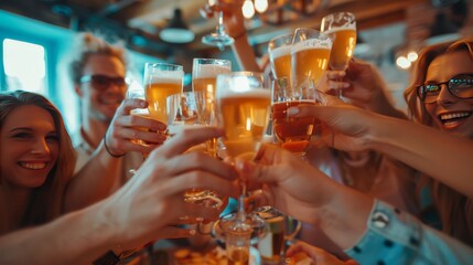 A group of people are celebrating with glasses of beer