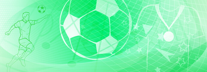 Football themed background in green tones with abstract meshes and curves, with sport symbols such as a football player and ball