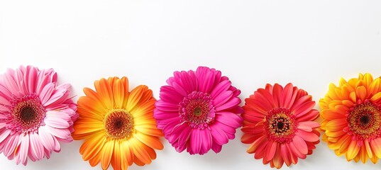 Colorful assortment of flowers on white backdrop with ample room for text placement