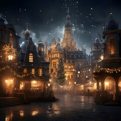 illustration of old town with christmas tree at night in Poland.