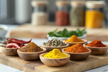 A variety of colorful spices displayed in wooden bowls on a kitchen board, ready for culinary use.
