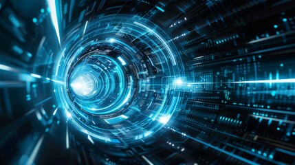 Advanced Cybernetic Technology Interface Hub, A high-tech digital interface with a circular design, suggesting a futuristic technology hub or data center concept.