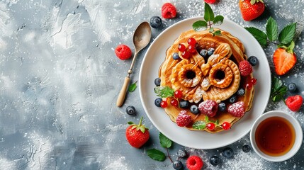 Owl shaped pancakes with berries, honey on plate, children s breakfast concept, bright background