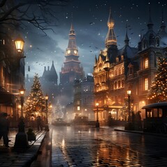 illuminated old town at night with snowflakes and lights