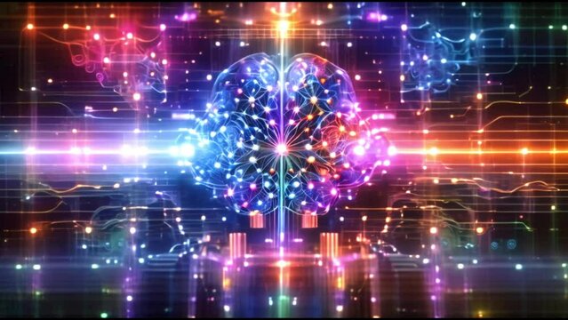 Stylized representation of the brain and neural networks, with intricate nodes and interconnections surrounded by computer circuits. Fusion of bio-neural networks with digital tech and AI systems. 