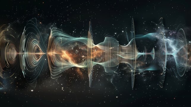 Cosmic Symphony, A mesmerizing visualization of Earth resonating with cosmic energy, depicted as vibrant waves of sound echoing through the star-filled expanse of space