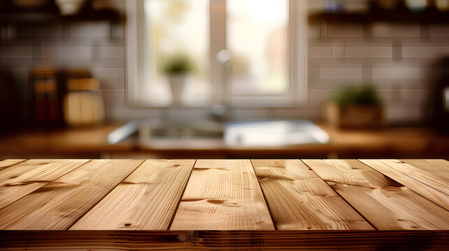 A kitchen with a wooden table and a view of the counter