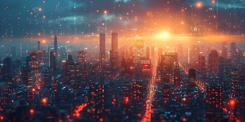 Fotobehang Futuristic cityscape with digital elements representing technology security and innovation in a virtual world. Concept Futuristic Technology, Digital Cityscape, Innovation, Cyber Security © Ян Заболотний