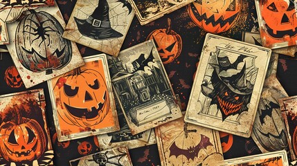 Seamless vintage Halloween postcards, retro horror , Seamless Pattern, Fabric Pattern, Tumbler Wrap, Mug Wrap. - obrazy, fototapety, plakaty