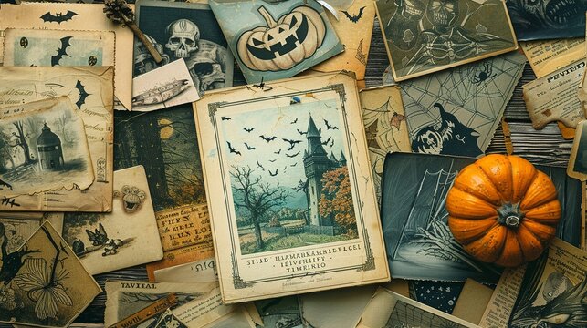 Seamless vintage Halloween postcards, retro horror , Seamless Pattern, Fabric Pattern, Tumbler Wrap, Mug Wrap.
