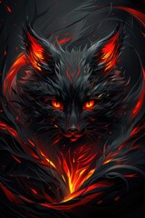 A black cat with red eyes and flames around it