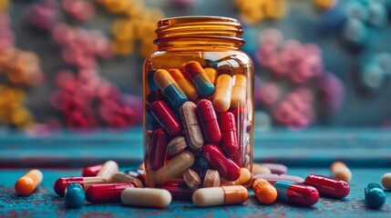 A jar full of colorful pills on a table