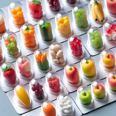 ai generated realistic 3D several mini models of various fruits and vegetables in transparent capsules and arrange them neatly on aluminum foil