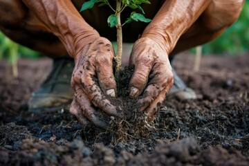 A man is planting a tree in the dirt
