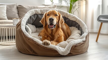 Golden Retriever Lounging in Cozy Dog Bed. A relaxed golden retriever lies in a plush dog bed, looking at the camera with a gentle gaze, embodying comfort and serenity at home.