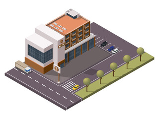 Isometric Bank Building with Signboard and Car Parking in Front of Street Yard View.