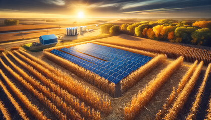 Golden Hour at the Solar Array: Harmony of Agriculture and Renewables - obrazy, fototapety, plakaty