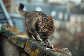 Obraz premium A cat is walking on a ledge outside