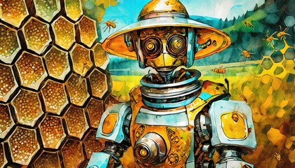 A beekeeper robot in a futuristic apiary, designed with honeycomb patterns - obrazy, fototapety, plakaty