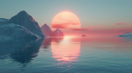 A sunset over a body of water with mountains in the background